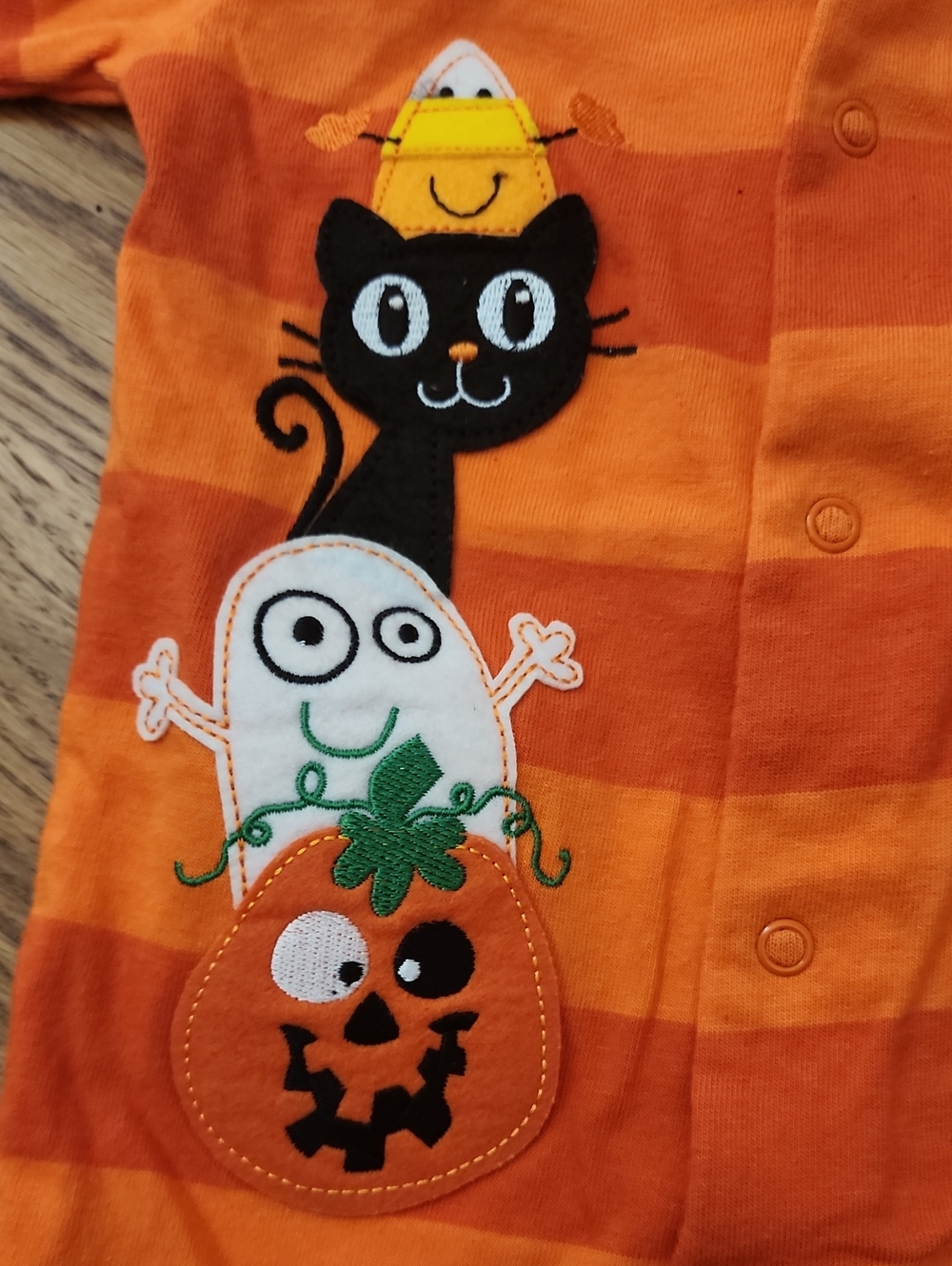 Y2K Miniwear Orange Striped Halloween Footie Pumpkin, Spider & Cat Appliqués - Picture 4 of 5